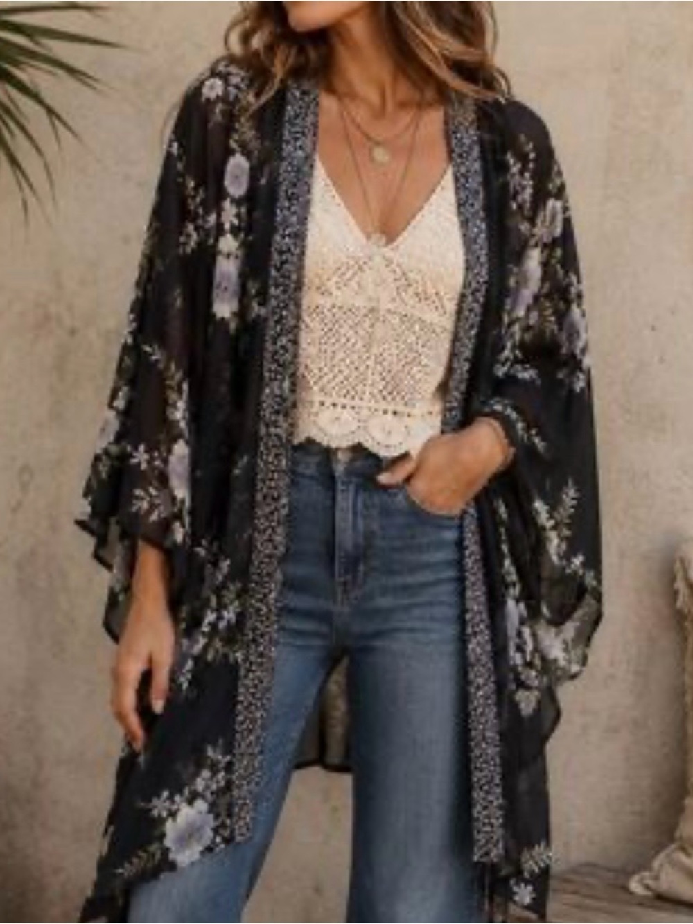 Anthropologie Band of Gypsies Midnight Blue Floral Kimono M/L